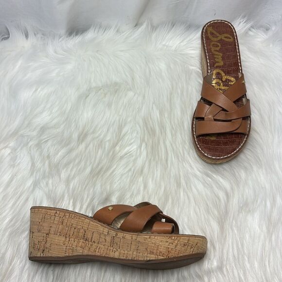 Sam Edelman Raynere Tan Leather Strappy Wedge Mules Sz 8 - Picture 1 of 6